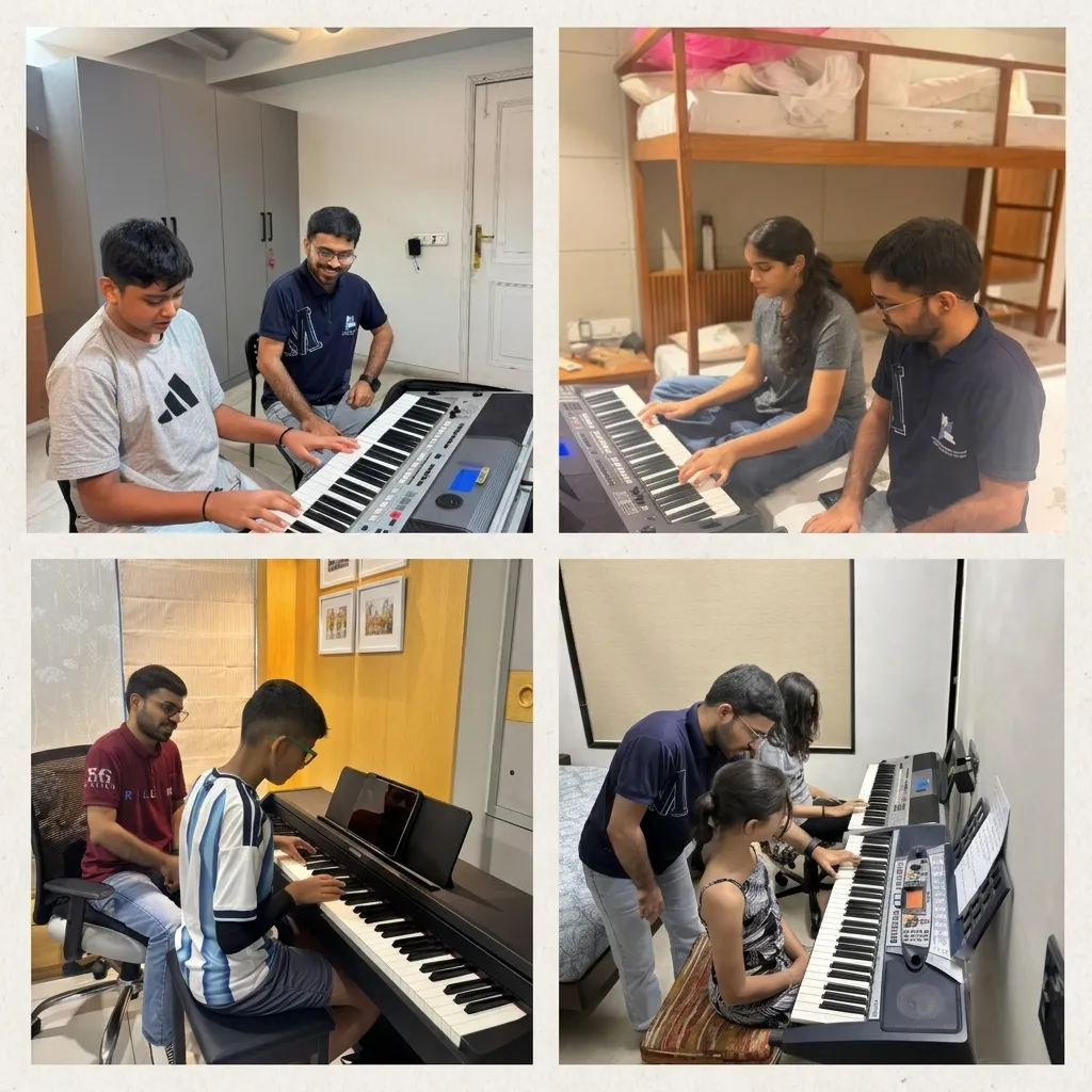 Shail Mewada teaching the electronic keyboard one-on-one to students in Ahmedabad